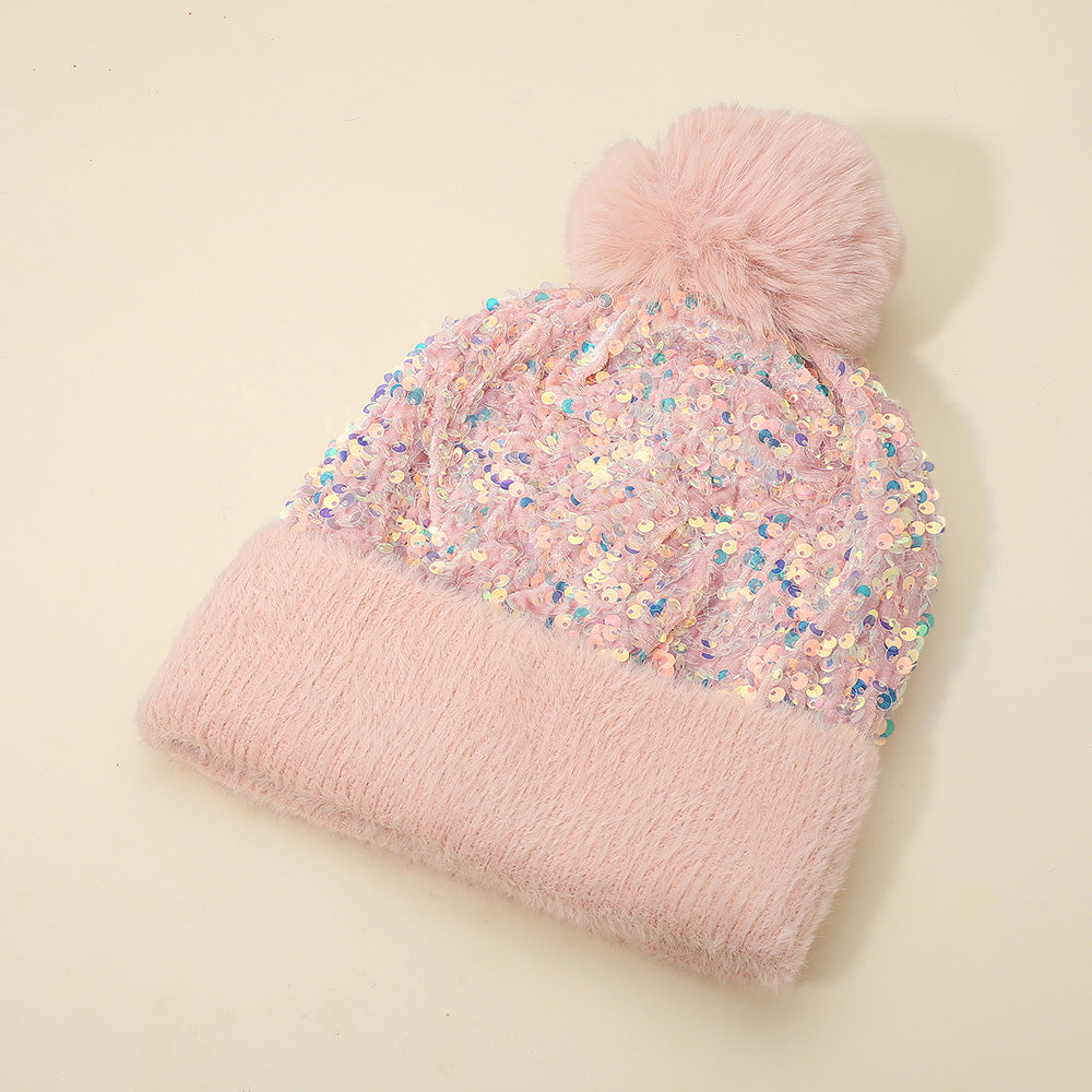 HATEGORY Sequin Embellished Pom Pom Beanie Hat