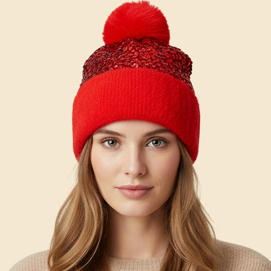 HATEGORY Sequin Embellished Pom Pom Beanie Hat