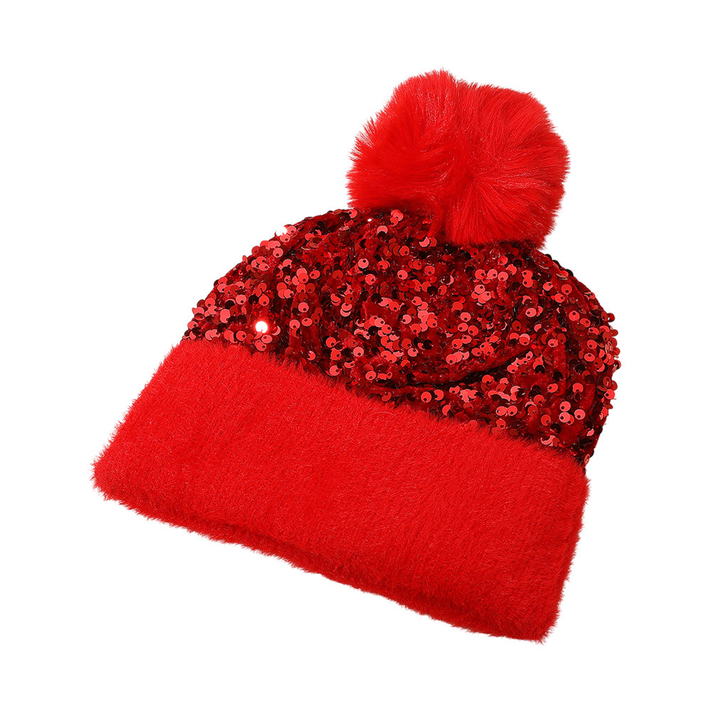 HATEGORY Sequin Embellished Pom Pom Beanie Hat