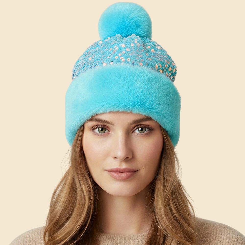 HATEGORY Sequin Embellished Pom Pom Beanie Hat