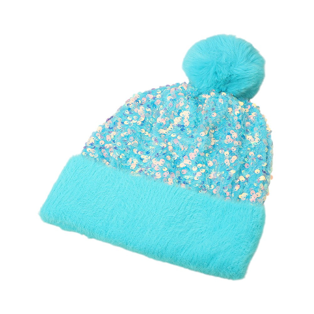 HATEGORY Sequin Embellished Pom Pom Beanie Hat