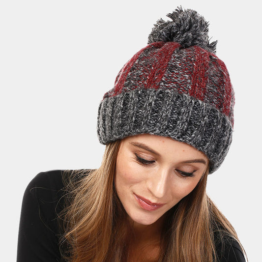 HATEGORY Two-Tone Pom Pom Beanie Hat