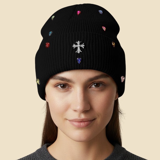 HATEGORY Rhinestone Cross Accent Teardrop Stone Cluster Embellished Knit Beanie Hat