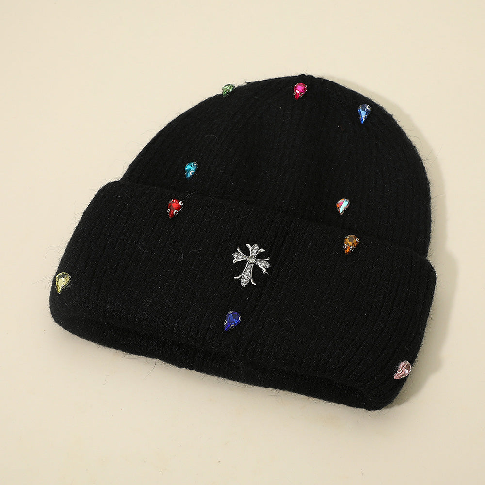 HATEGORY Rhinestone Cross Accent Teardrop Stone Cluster Embellished Knit Beanie Hat
