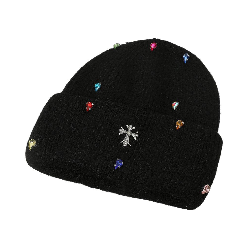 HATEGORY Rhinestone Cross Accent Teardrop Stone Cluster Embellished Knit Beanie Hat
