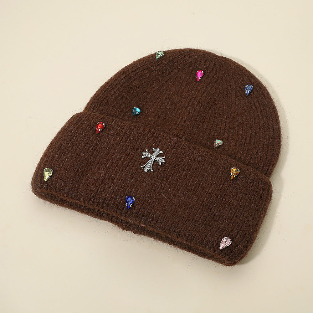 HATEGORY Rhinestone Cross Accent Teardrop Stone Cluster Embellished Knit Beanie Hat