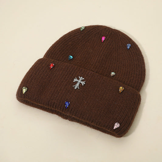 HATEGORY Rhinestone Cross Accent Teardrop Stone Cluster Embellished Knit Beanie Hat