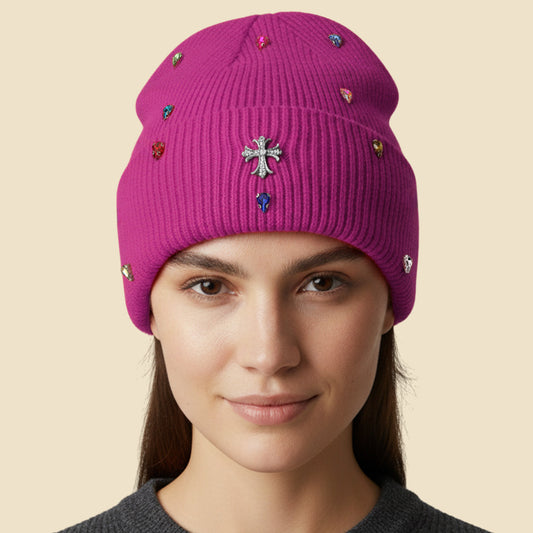 HATEGORY Rhinestone Cross Accent Teardrop Stone Cluster Embellished Knit Beanie Hat