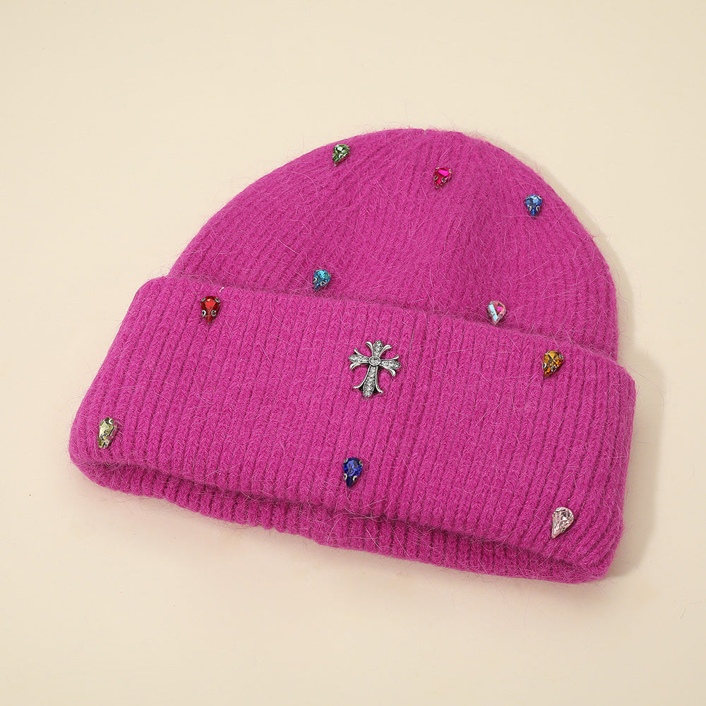 HATEGORY Rhinestone Cross Accent Teardrop Stone Cluster Embellished Knit Beanie Hat