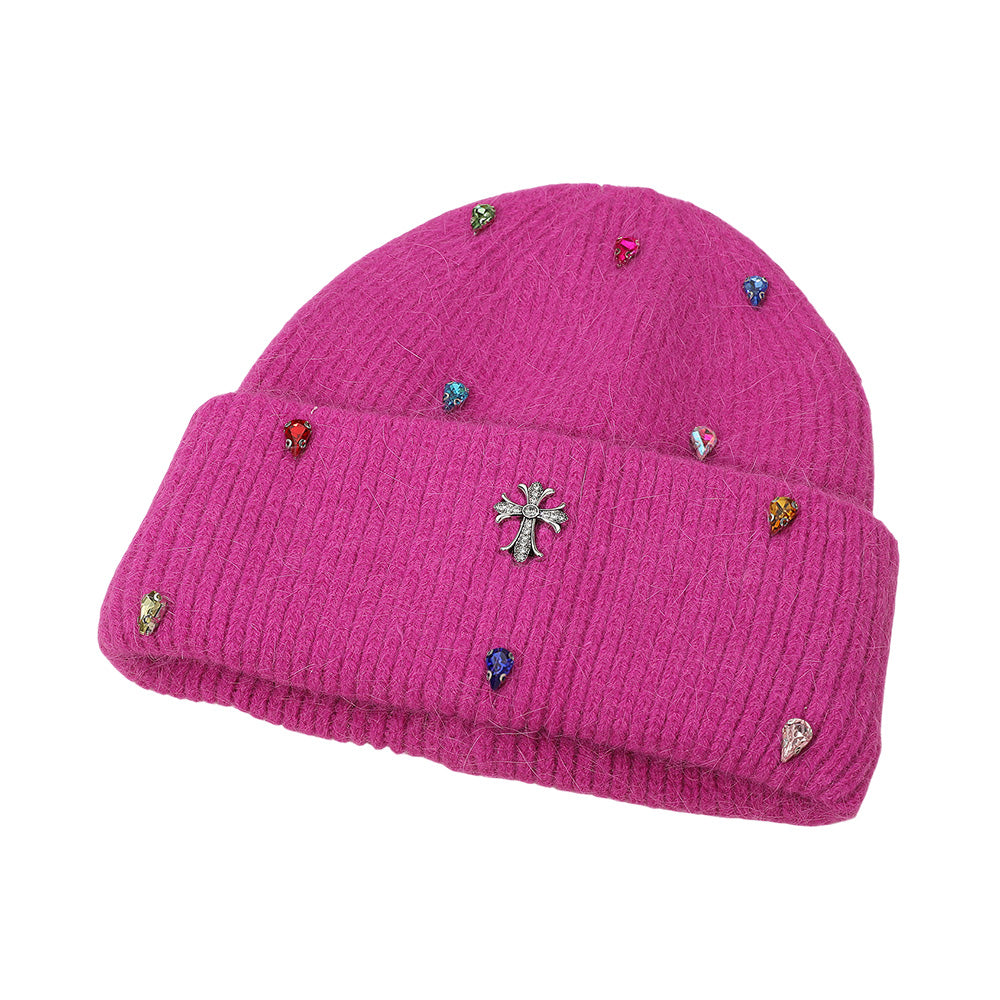 HATEGORY Rhinestone Cross Accent Teardrop Stone Cluster Embellished Knit Beanie Hat
