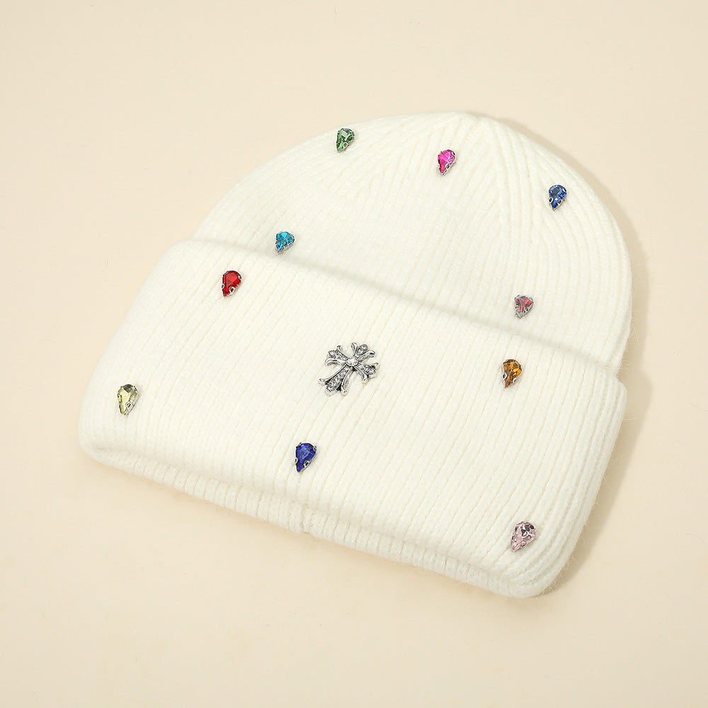 HATEGORY Rhinestone Cross Accent Teardrop Stone Cluster Embellished Knit Beanie Hat