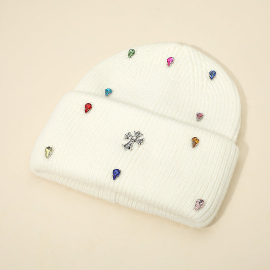 HATEGORY Rhinestone Cross Accent Teardrop Stone Cluster Embellished Knit Beanie Hat