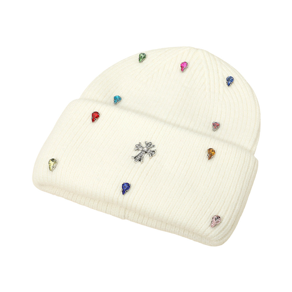 HATEGORY Rhinestone Cross Accent Teardrop Stone Cluster Embellished Knit Beanie Hat