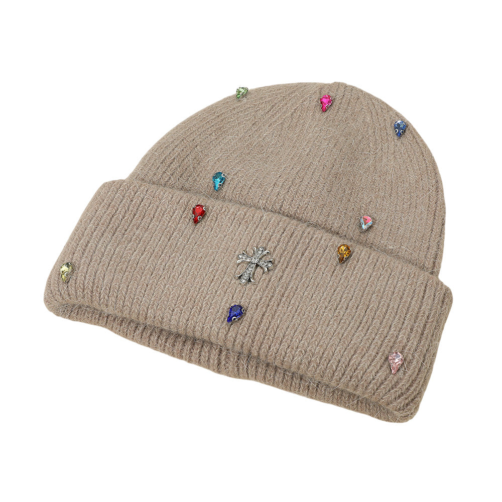 HATEGORY Rhinestone Cross Accent Teardrop Stone Cluster Embellished Knit Beanie Hat