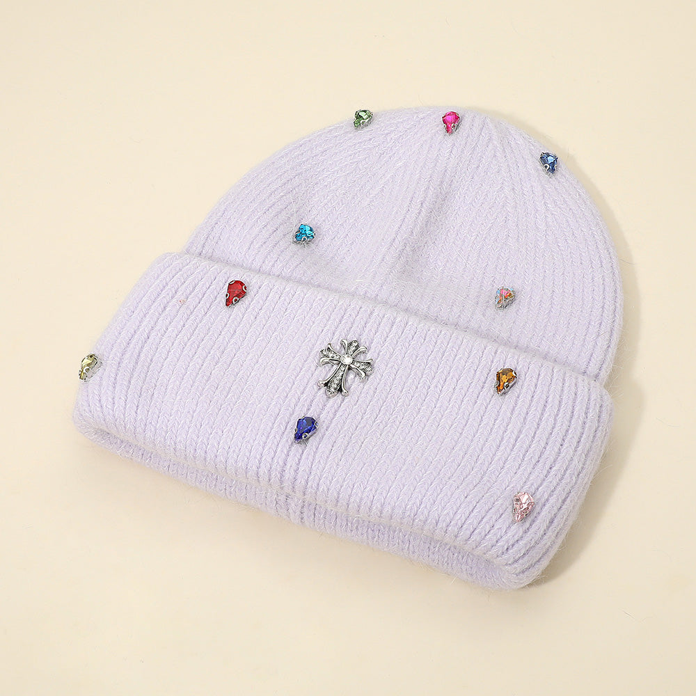 HATEGORY Rhinestone Cross Accent Teardrop Stone Cluster Embellished Knit Beanie Hat