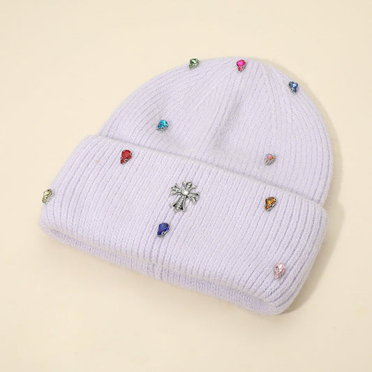 HATEGORY Rhinestone Cross Accent Teardrop Stone Cluster Embellished Knit Beanie Hat