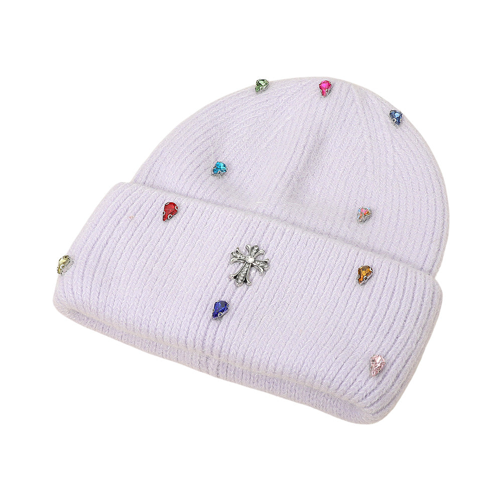 HATEGORY Rhinestone Cross Accent Teardrop Stone Cluster Embellished Knit Beanie Hat