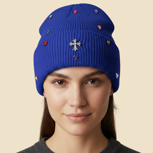 HATEGORY Rhinestone Cross Accent Teardrop Stone Cluster Embellished Knit Beanie Hat