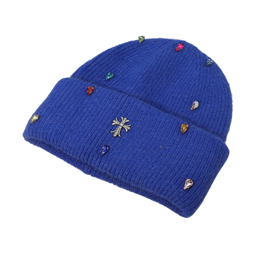 HATEGORY Rhinestone Cross Accent Teardrop Stone Cluster Embellished Knit Beanie Hat