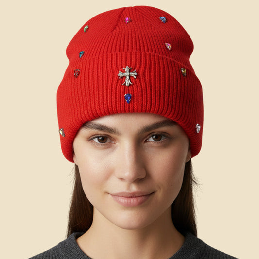 HATEGORY Rhinestone Cross Accent Teardrop Stone Cluster Embellished Knit Beanie Hat