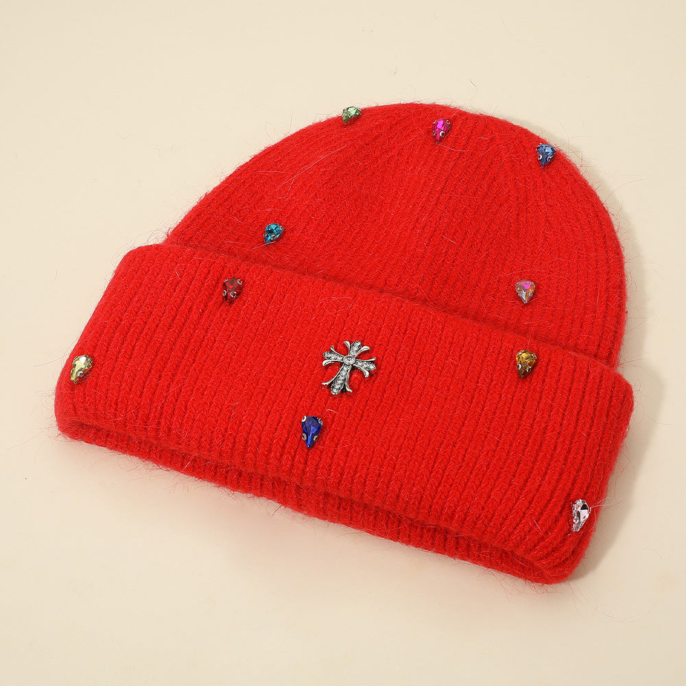 HATEGORY Rhinestone Cross Accent Teardrop Stone Cluster Embellished Knit Beanie Hat