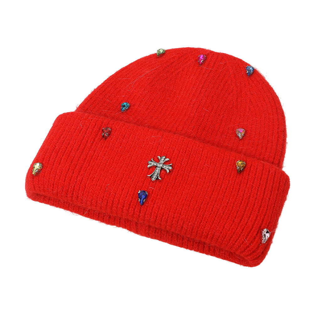 HATEGORY Rhinestone Cross Accent Teardrop Stone Cluster Embellished Knit Beanie Hat