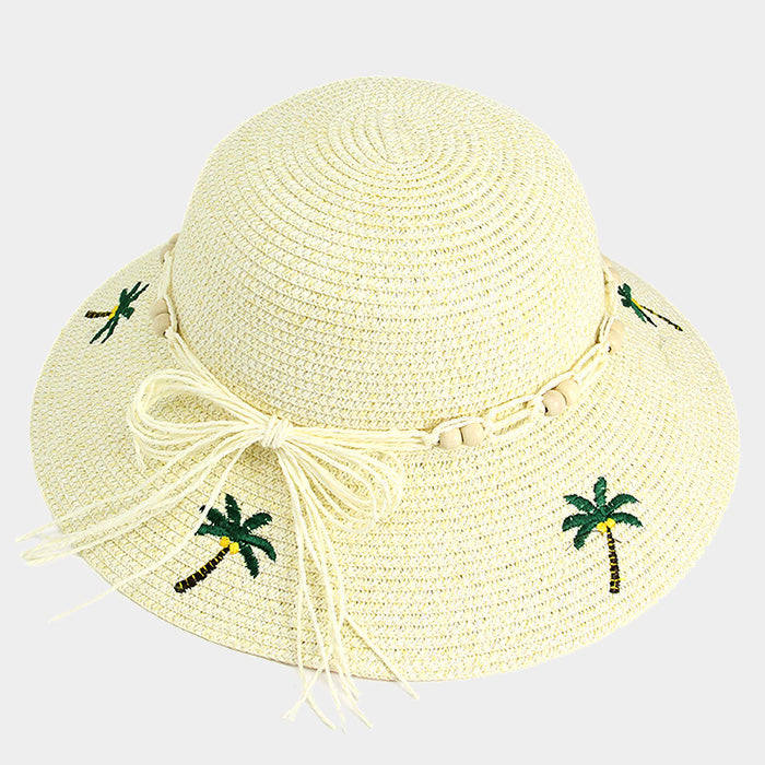 HATEGORY Embroidery Palm Tree Bow Trim Straw Sun Hat