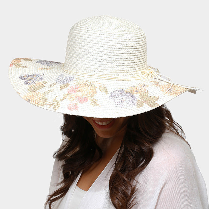 HATEGORY Flower Print Cord Bow Straw Floppy Hat
