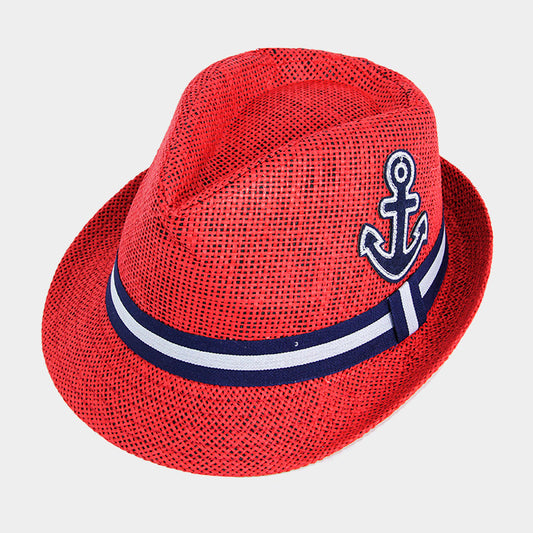 HATEGORY Anchor Patch Detail Striped Trim Straw Fedora
