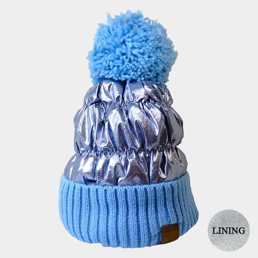HATEGORY Fleece Lining  Puffer Knit Pom Pom Beanie Hat