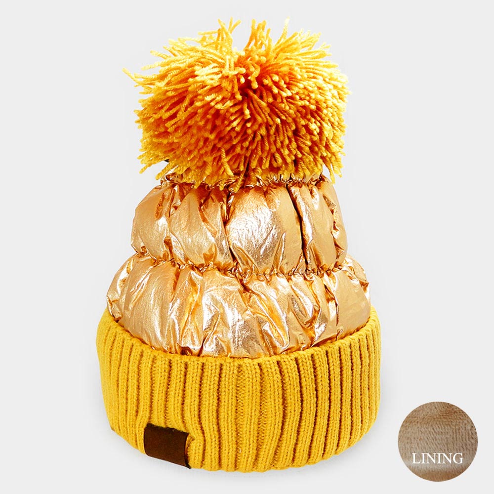 HATEGORY Fleece Lining  Puffer Knit Pom Pom Beanie Hat