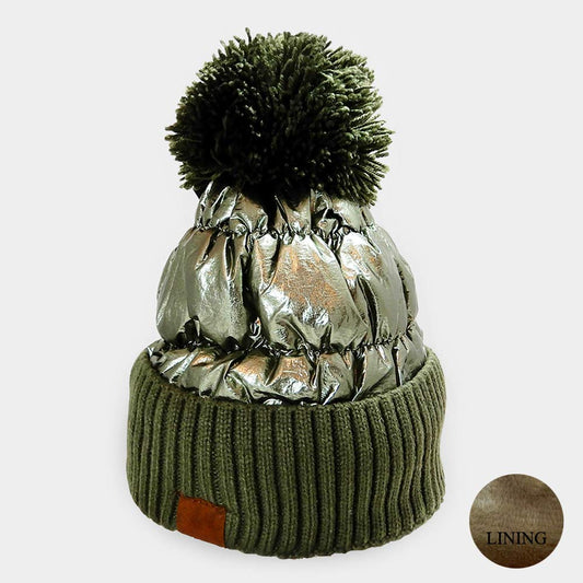 HATEGORY Fleece Lining  Puffer Knit Pom Pom Beanie Hat