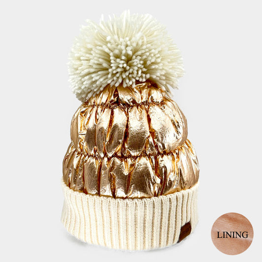 HATEGORY Fleece Lining  Puffer Knit Pom Pom Beanie Hat