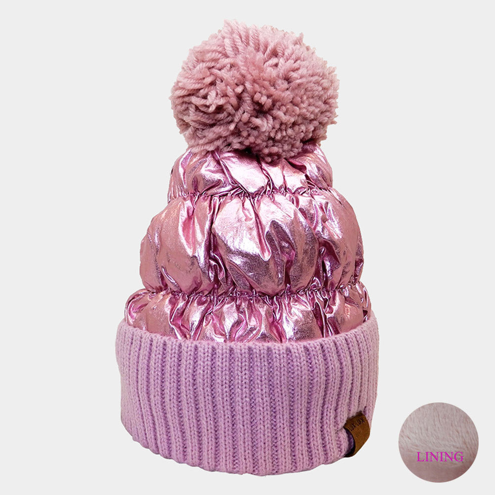 HATEGORY Fleece Lining  Puffer Knit Pom Pom Beanie Hat