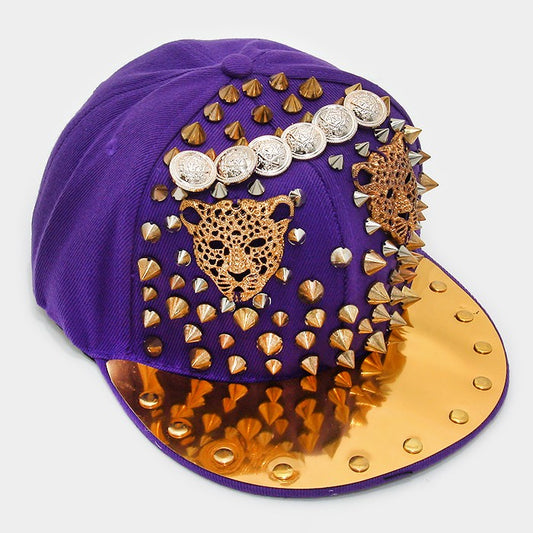 HATEGORY Studded leopard metal brim cap