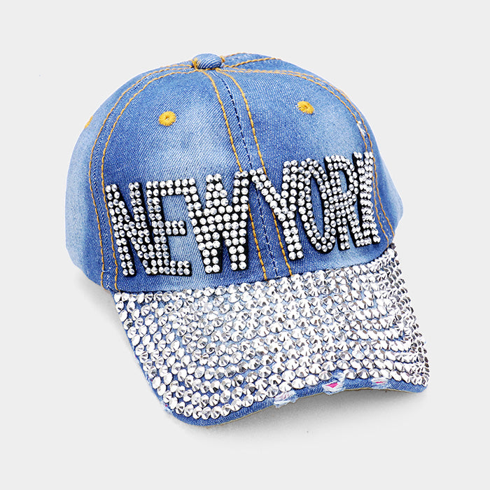 HATEGORY "NEW YORK" Bling Stone Embellished Denim Baseball Cap