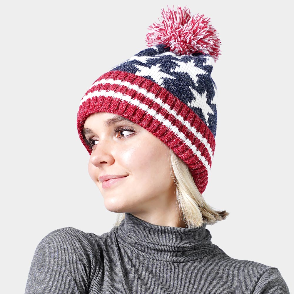 HATEGORY Pom Pom American USA Flag Knit Beanie Hat