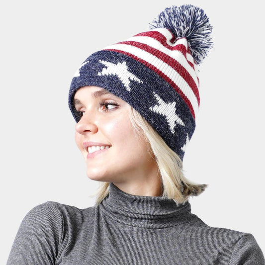 HATEGORY Pom Pom American USA Flag Knit Beanie Hat
