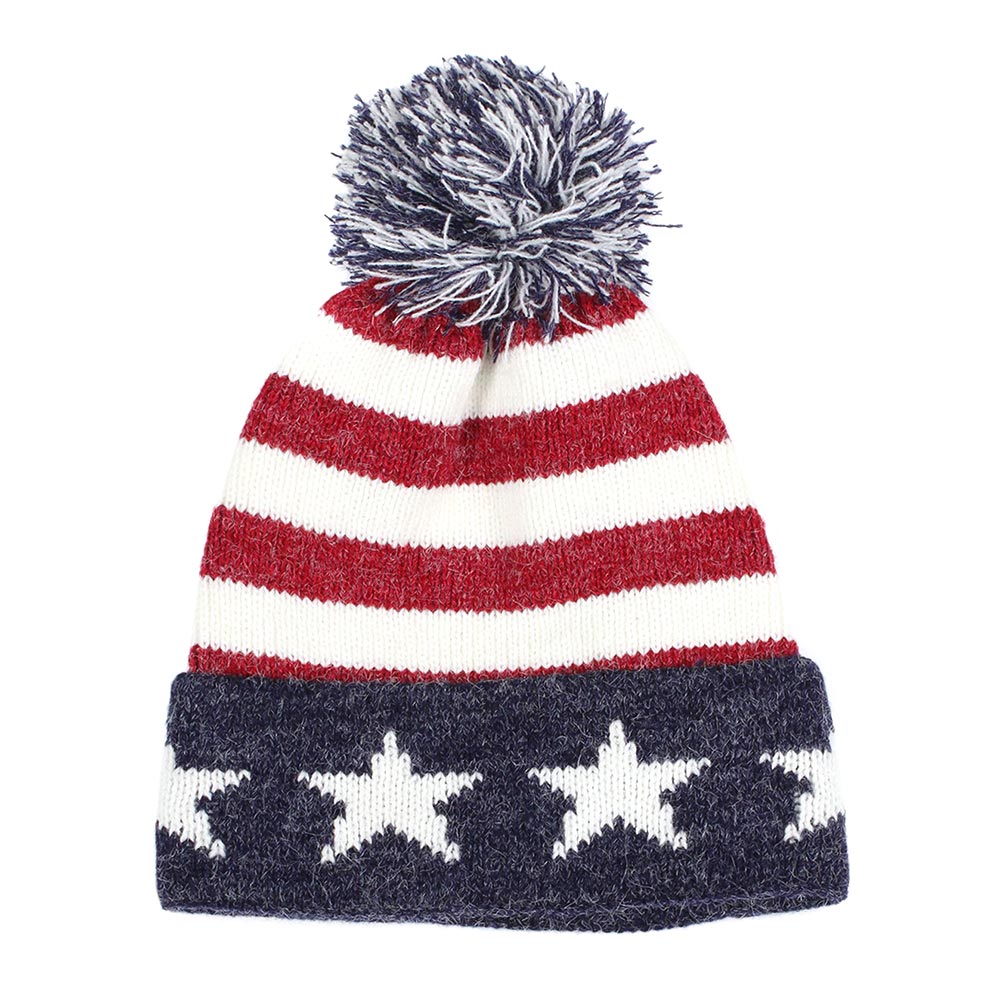HATEGORY Pom Pom American USA Flag Knit Beanie Hat