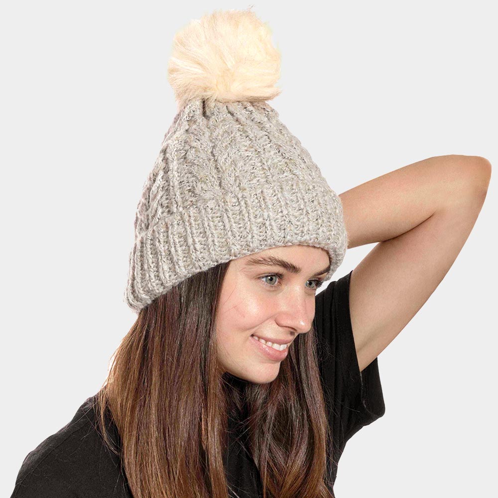HATEGORY Cable Knit Pom Pom Beanie Hat