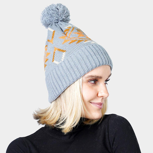 HATEGORY Pom Pom Western Pattern Beanie Hat