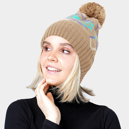 HATEGORY Pom Pom Western Pattern Beanie Hat