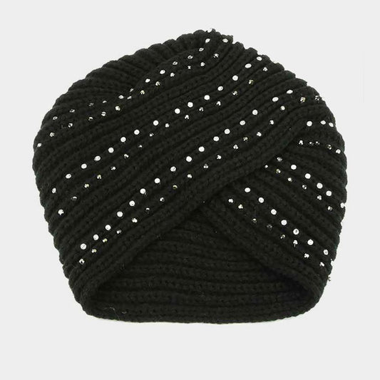 HATEGORY Rhinestone Knit Turban Beanie Hat