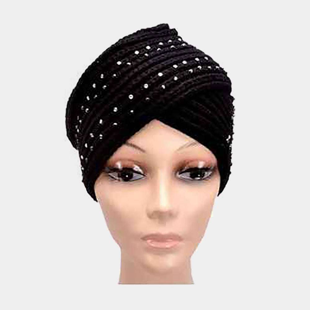 HATEGORY Rhinestone Knit Turban Beanie Hat