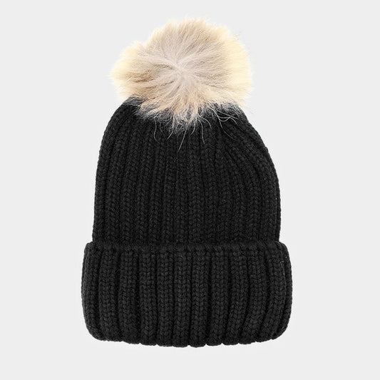 HATEGORY Soft Cable Knit Genuine Fox Fur Pom Pom Beanie Hat