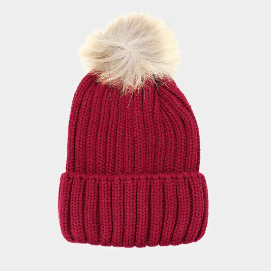 HATEGORY Soft Cable Knit Genuine Fox Fur Pom Pom Beanie Hat