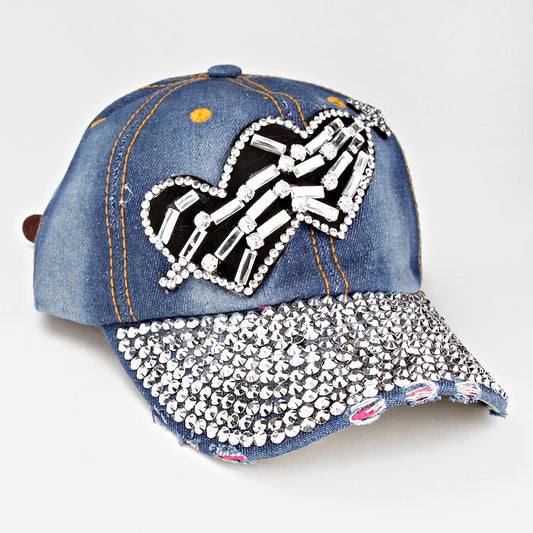 HATEGORY Double Heart Blinged Stud Denim Cap