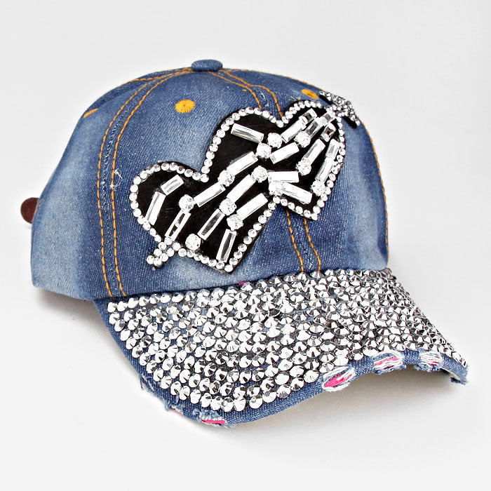 HATEGORY Double Heart Blinged Stud Denim Cap