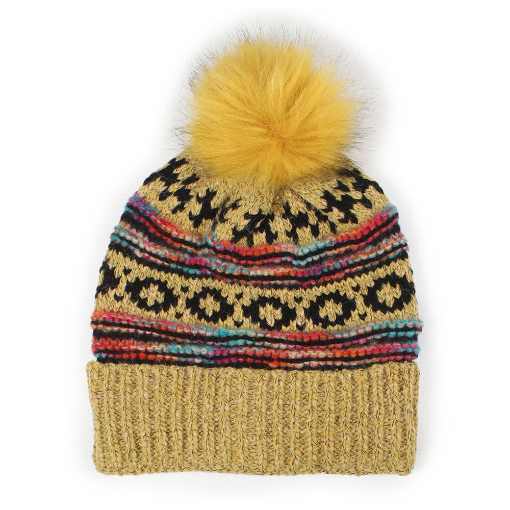 HATEGORY Ethnic Patterned Knit Pom Pom Beanie Hat
