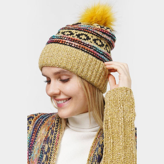 HATEGORY Ethnic Patterned Knit Pom Pom Beanie Hat